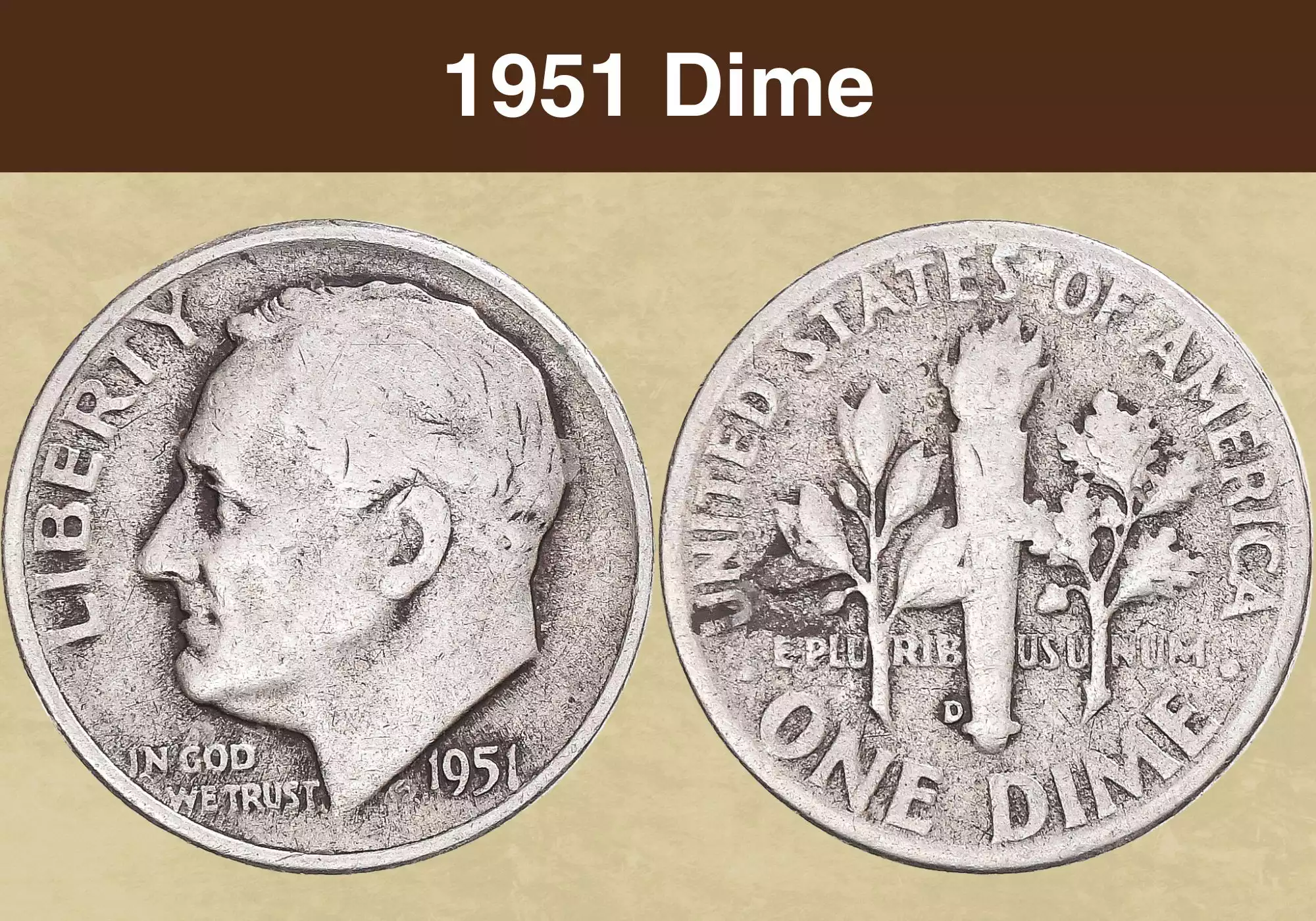 1951 Roosevelt dime obverse and reverse showing Franklin Roosevelt portrait and torch design