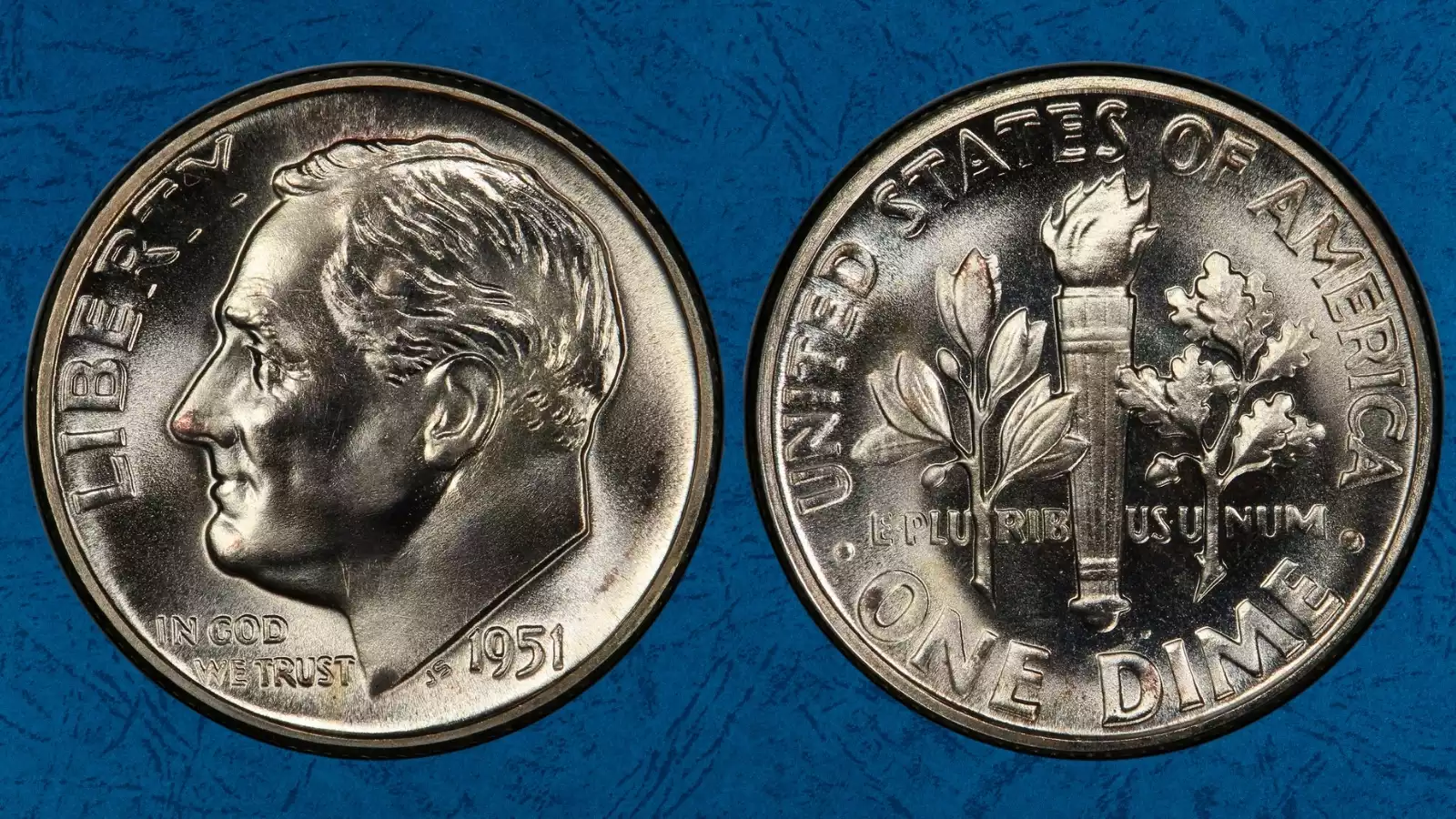 1951 Roosevelt dime reverse torch comparison: left shows weak merged torch bands, right shows sharp Full Bands with complete separation