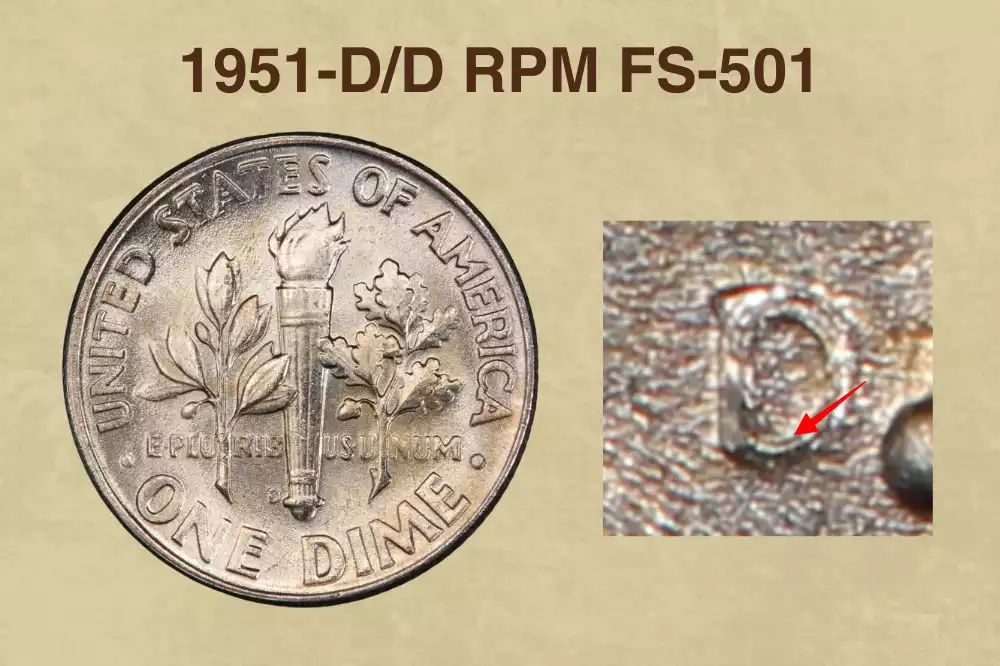 1951-D dime D/D Repunched Mintmark FS-501 showing secondary D impression under magnification