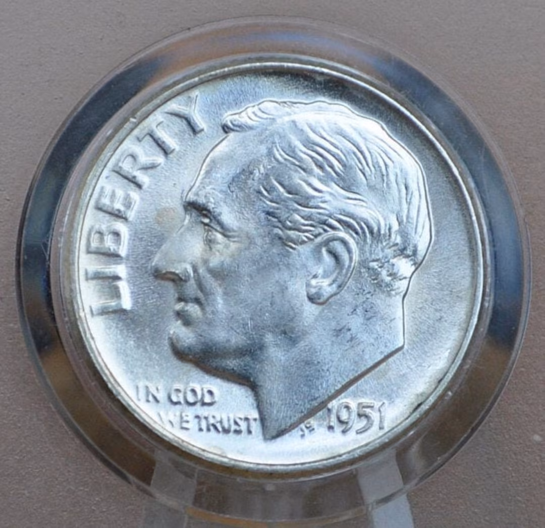 1951 Philadelphia dime Doubled Die Obverse showing doubling on LIBERTY lettering and date