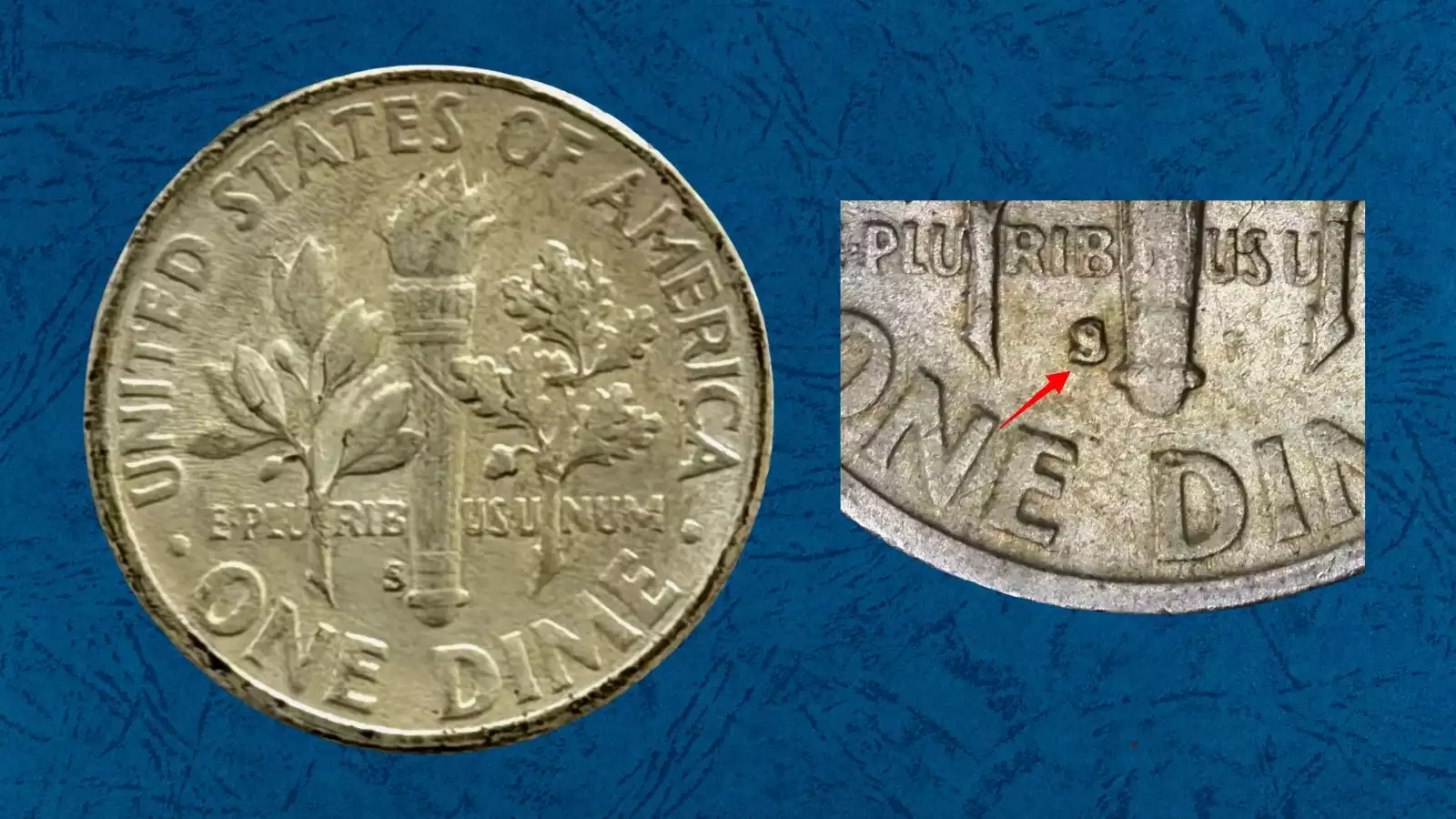 1951-S dime Over Mintmark showing secondary S impression beneath primary S mintmark