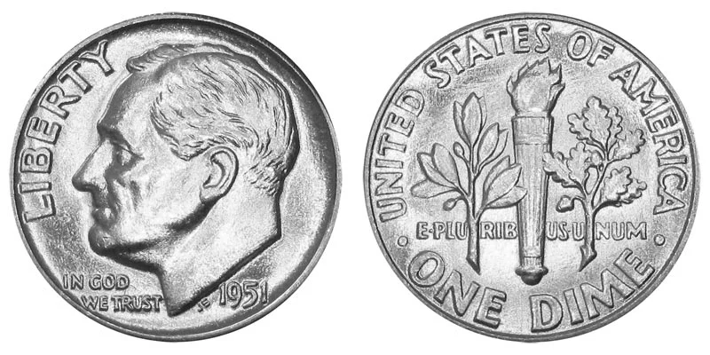 Group of 1951 Roosevelt dimes from Philadelphia, Denver, and San Francisco mints showing all mint mark varieties
