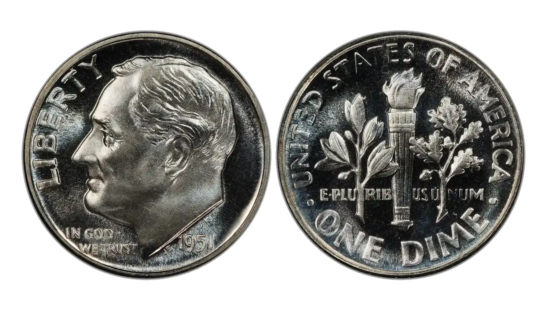 1951 Roosevelt dime grading strip showing four coins from worn Good grade through Gem Uncirculated MS-65
